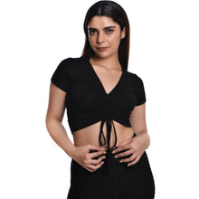 Load image into Gallery viewer, Rayon Ruched Drawstring Front V Neck Crop Top Style Blouse - Black - Blouse featured