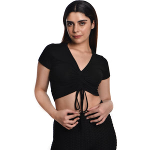 Rayon Ruched Drawstring Front V Neck Crop Top Style Blouse - Black - Blouse featured
