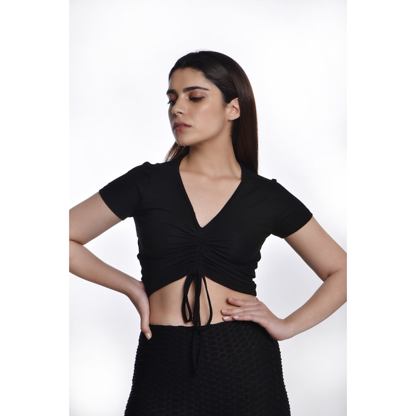 Rayon Ruched Drawstring Front V Neck Crop Top Style Blouse - Black - Blouse featured