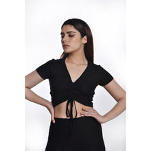 Load image into Gallery viewer, Rayon Ruched Drawstring Front V Neck Crop Top Style Blouse - Black - Blouse featured