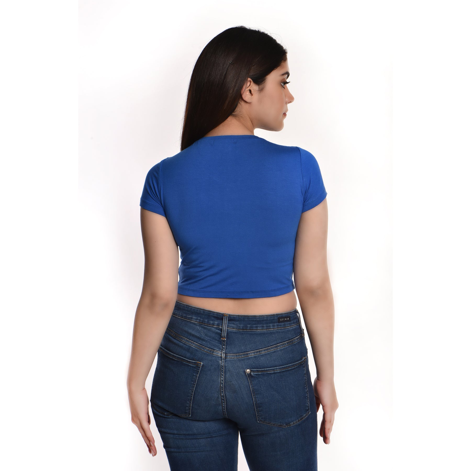 Rayon Ruched Drawstring Front V Neck Crop Top Style Blouse - Cobalt Blue - Blouse featured