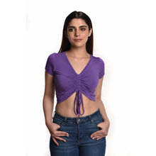 Load image into Gallery viewer, Rayon Ruched Drawstring Front V Neck Crop Top Style Blouse - Royal Purple - Blouse featured