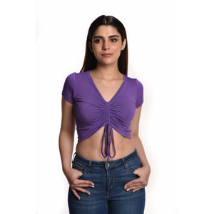 Rayon Ruched Drawstring Front V Neck Crop Top Style Blouse - Royal Purple - Blouse featured