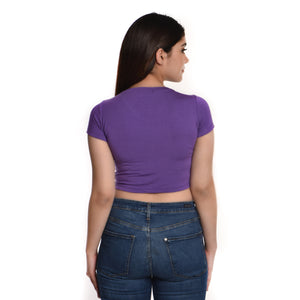 Rayon Ruched Drawstring Front V Neck Crop Top Style Blouse - Royal Purple - Blouse featured