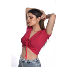 Load image into Gallery viewer, Rayon Ruched Drawstring Front V Neck Crop Top Style Blouse - Magenta - Blouse featured