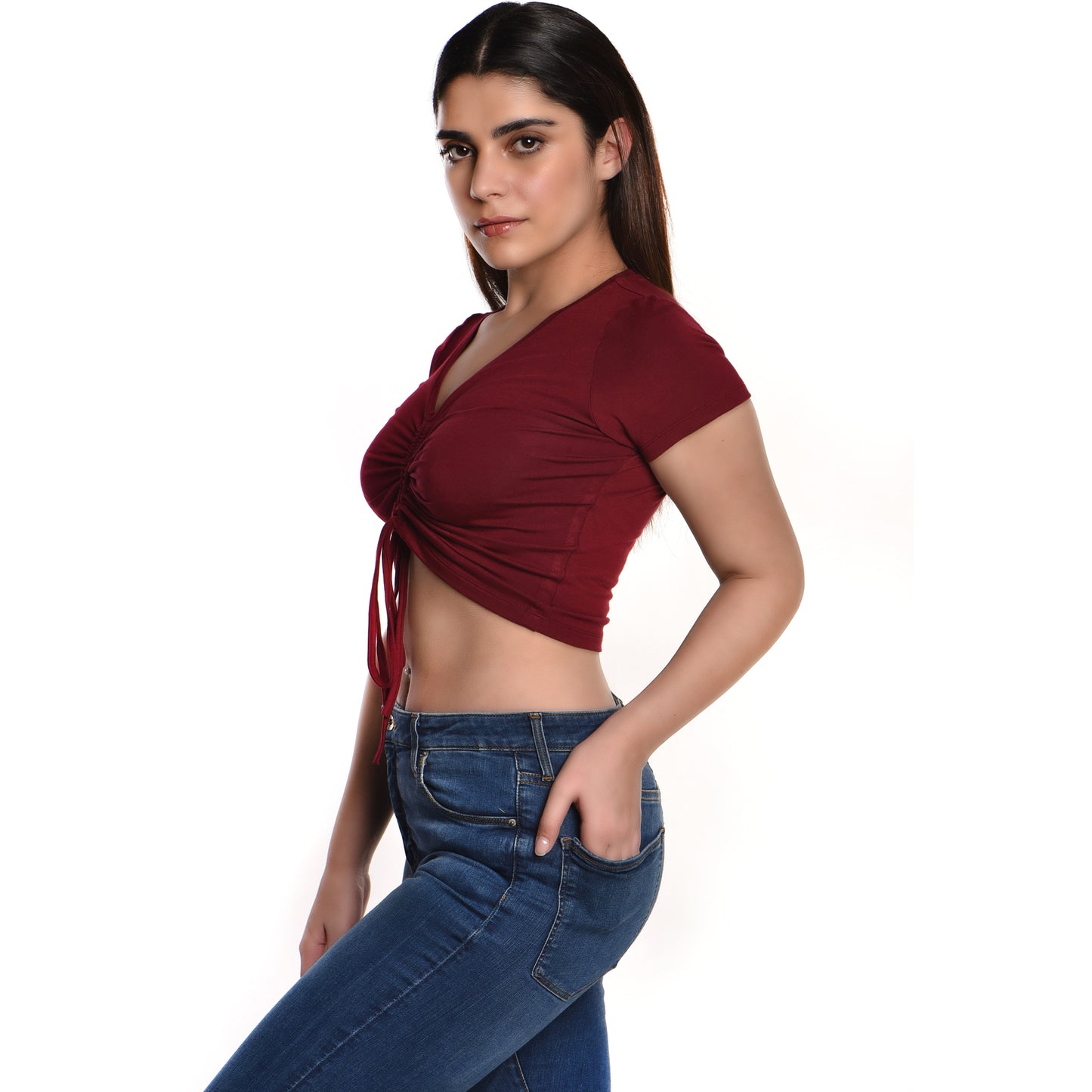Rayon Ruched Drawstring Front V Neck Crop Top Style Blouse - Mahogany Maroon - Blouse featured