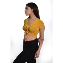 Load image into Gallery viewer, Rayon Ruched Drawstring Front V Neck Crop Top Style Blouse - Marigold - Blouse featured