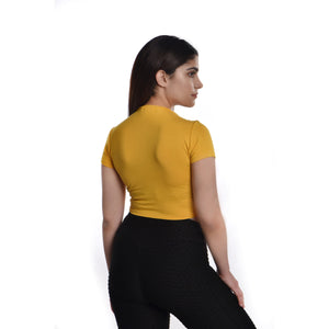 Rayon Ruched Drawstring Front V Neck Crop Top Style Blouse - Marigold - Blouse featured