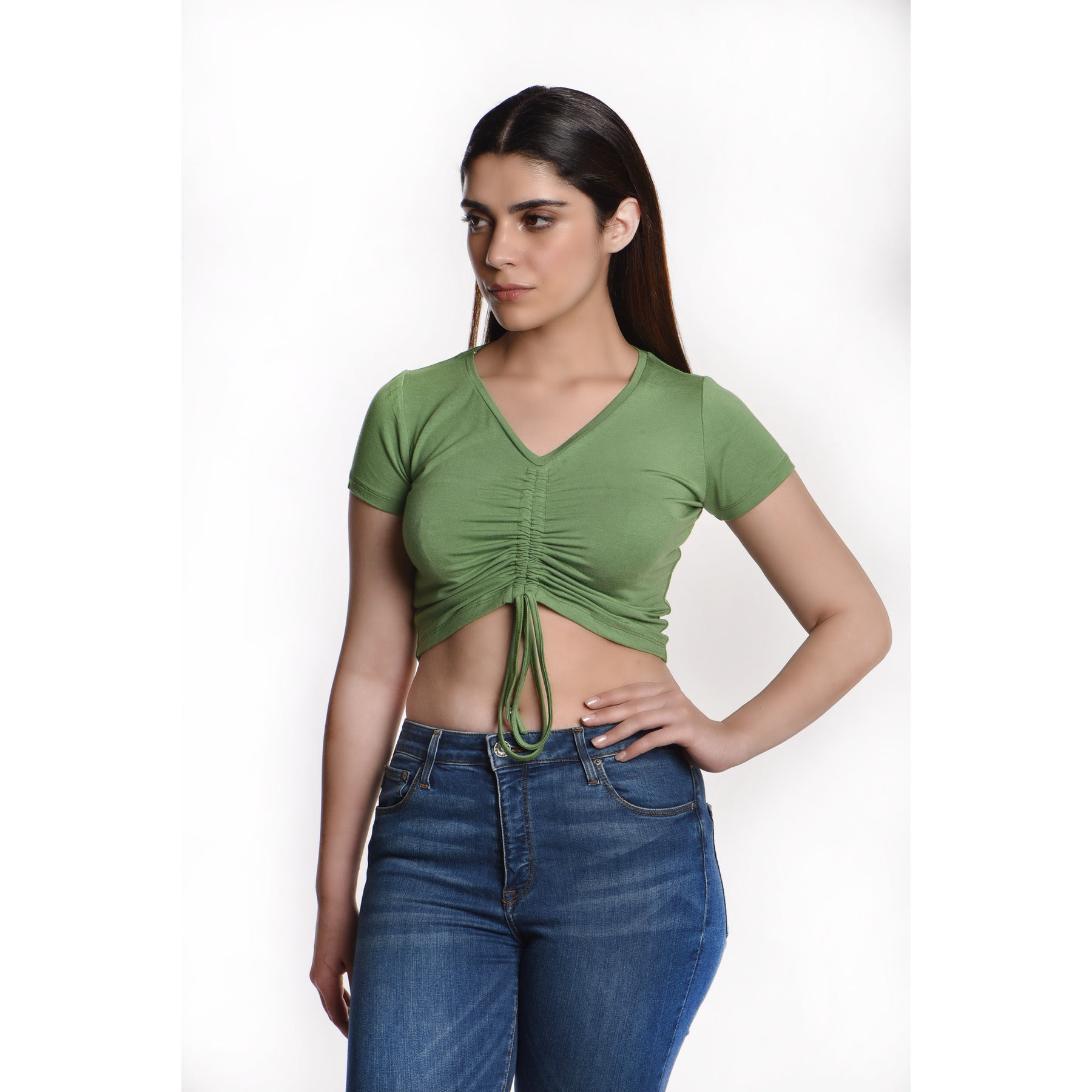 Rayon Ruched Drawstring Front V Neck Crop Top Style Blouse - Pickle Green - Blouse featured