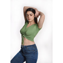 Load image into Gallery viewer, Rayon Ruched Drawstring Front V Neck Crop Top Style Blouse - Pickle Green - Blouse featured