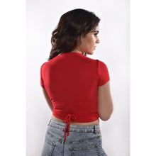 Load image into Gallery viewer, Rayon Ruched Drawstring Front V Neck Crop Top Style Blouse - Red - Blouse featured