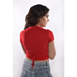 Rayon Ruched Drawstring Front V Neck Crop Top Style Blouse - Red - Blouse featured