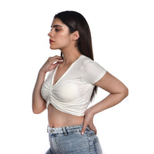 Load image into Gallery viewer, Rayon Ruched Drawstring Front V Neck Crop Top Style Blouse - White - Blouse featured