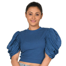 Load image into Gallery viewer, Hosiery Blouses - Mesh Pleated Sleeves - Azure Blue - Blouse - featured