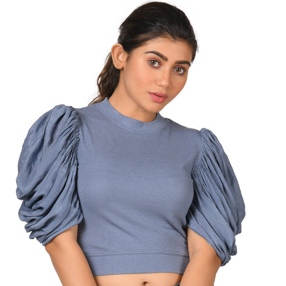 Hosiery Blouses - Mesh Pleated Sleeves - Brilliant Blue - Blouse featured