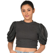 Load image into Gallery viewer, Hosiery Blouses - Mesh Pleated Sleeves - Dark Grey - Blouse featured