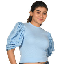 Load image into Gallery viewer, Hosiery Blouses - Mesh Pleated Sleeves - Sky Blue - Blouse featured