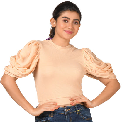 Hosiery Blouses - Mesh Pleated Sleeves - Tan - Blouse featured