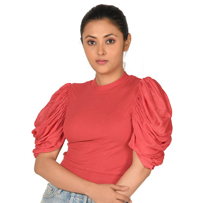 Hosiery Blouses - Mesh Pleated Sleeves - Vermillion Red - Blouse featured