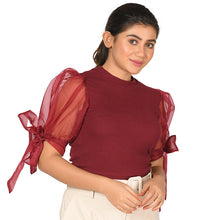 Load image into Gallery viewer, Hosiery Blouses- Bow Tie Up Sleeves - Maroon - Blouse featured