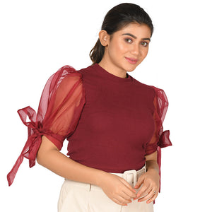 Hosiery Blouses- Bow Tie Up Sleeves - Maroon - Blouse featured