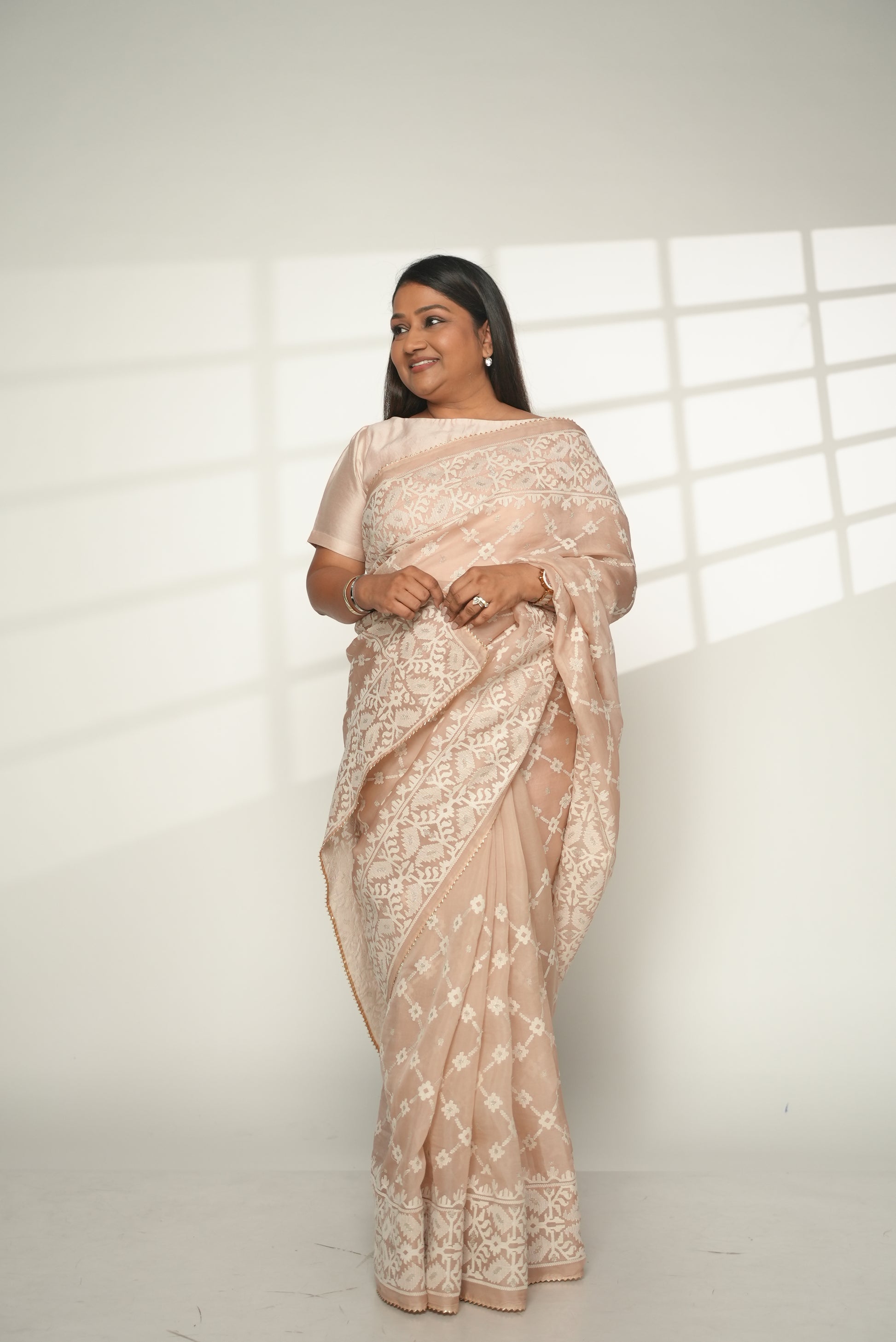 Peach Organza Saree with Threadwork Saree