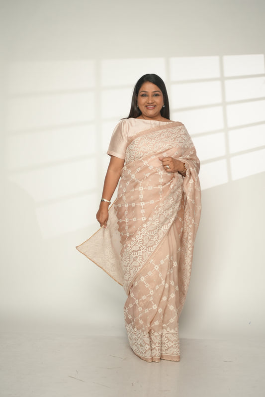 Peach Organza Saree with Threadwork Saree