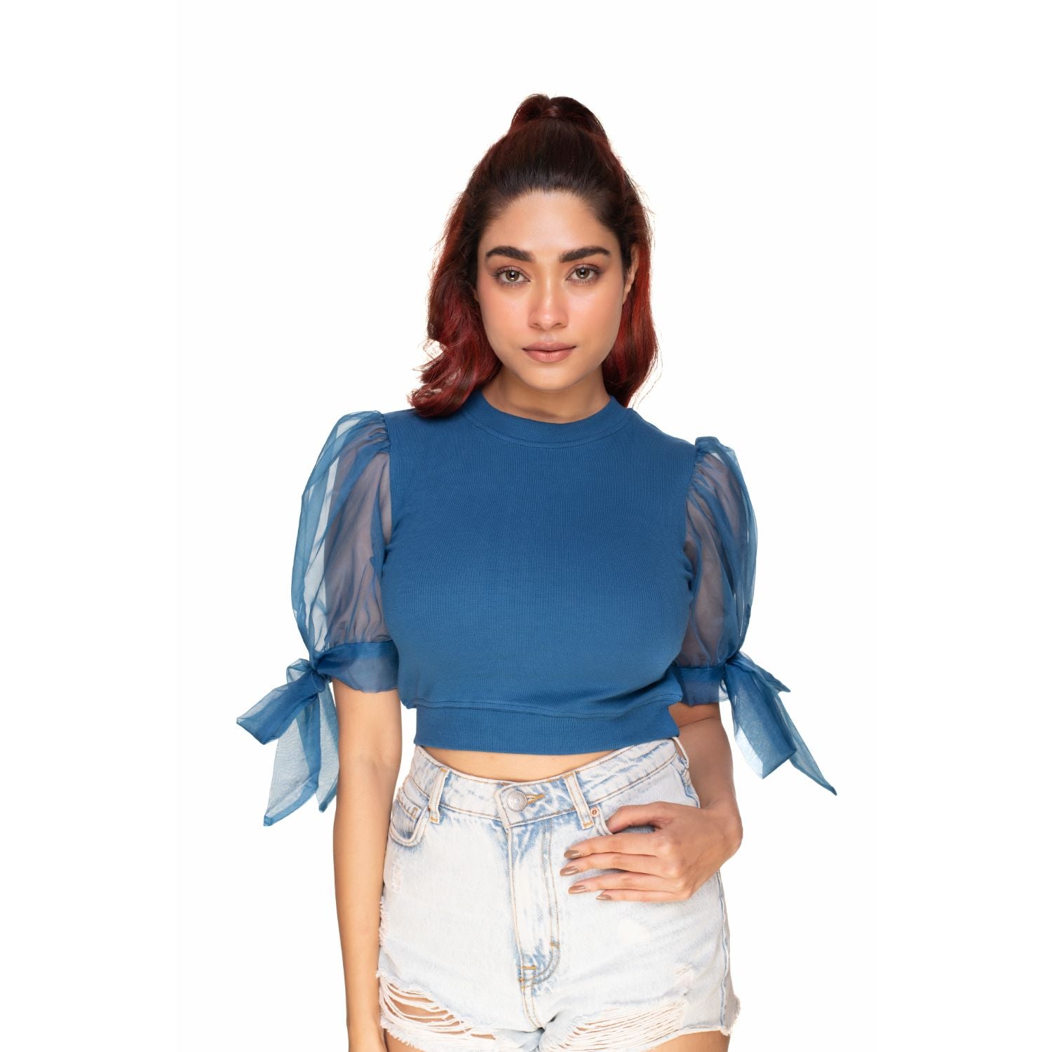 Hosiery Blouses- Bow Tie Up Sleeves - Azure Blue - Blouse featured