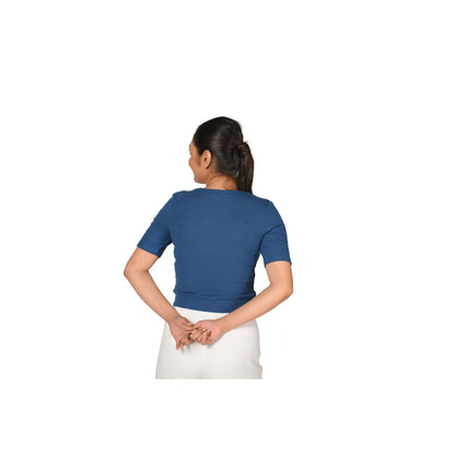 Hosiery Blouse- Regular Deep Round Neck - Azure Blue - Blouse featured