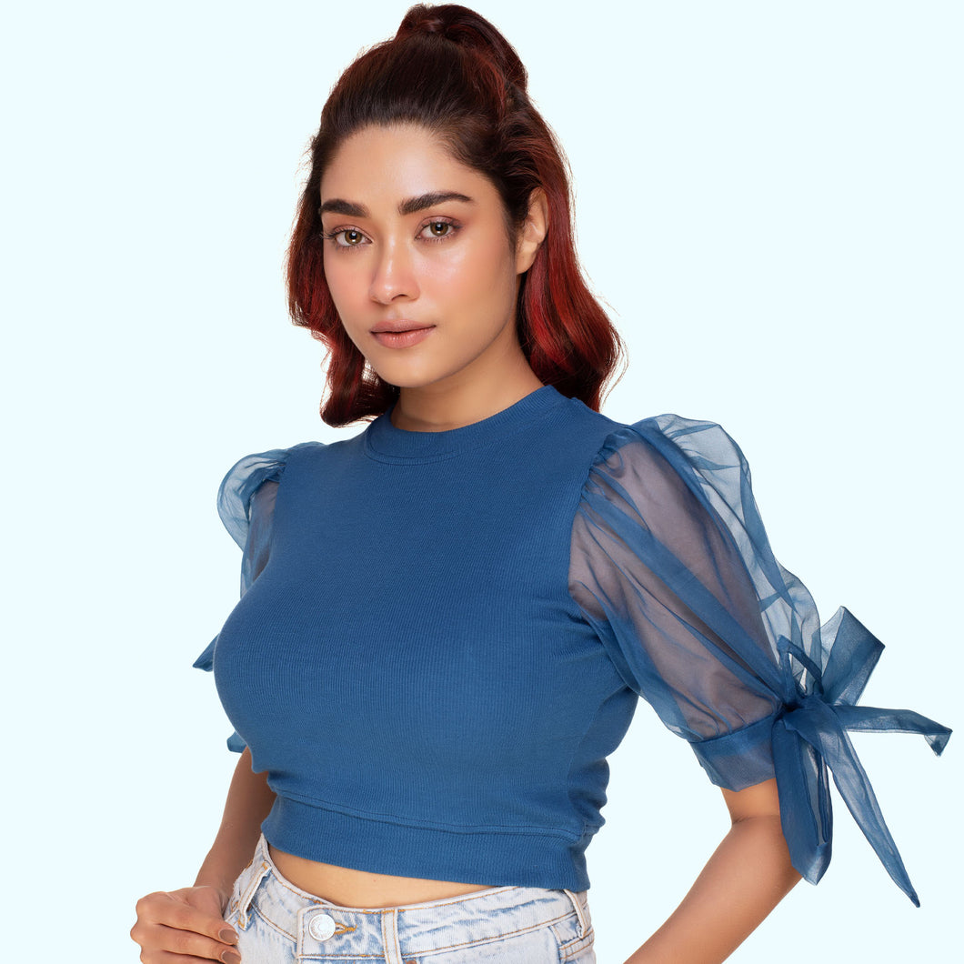Hosiery Blouses- Bow Tie Up Sleeves - Azure Blue - Blouse featured