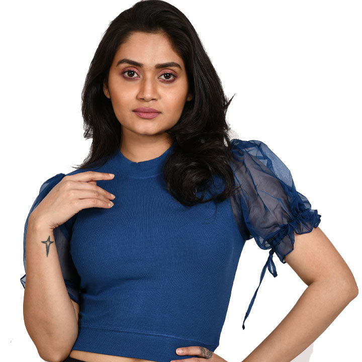 Hosiery Blouses with Puffy Organza Sleeves - Azure Blue - Blouse featured