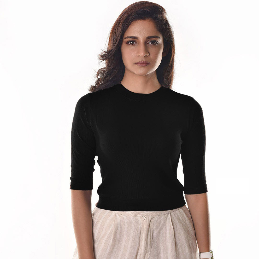Hosiery Blouses - Elbow Sleeves Black Blouse