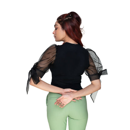 Hosiery Blouses- Bow Tie Up Sleeves - Black - Blouse featured