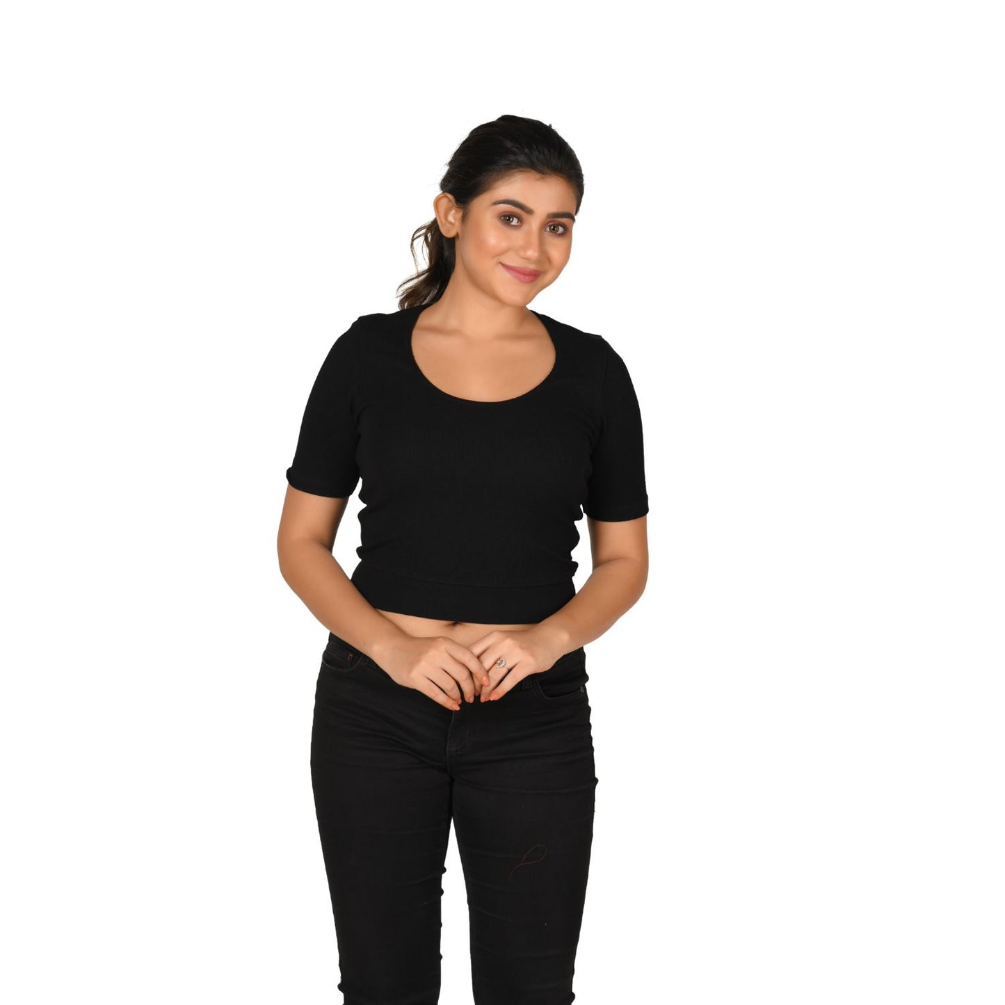 Hosiery Blouse- Regular Deep Round Neck - Black - Blouse featured
