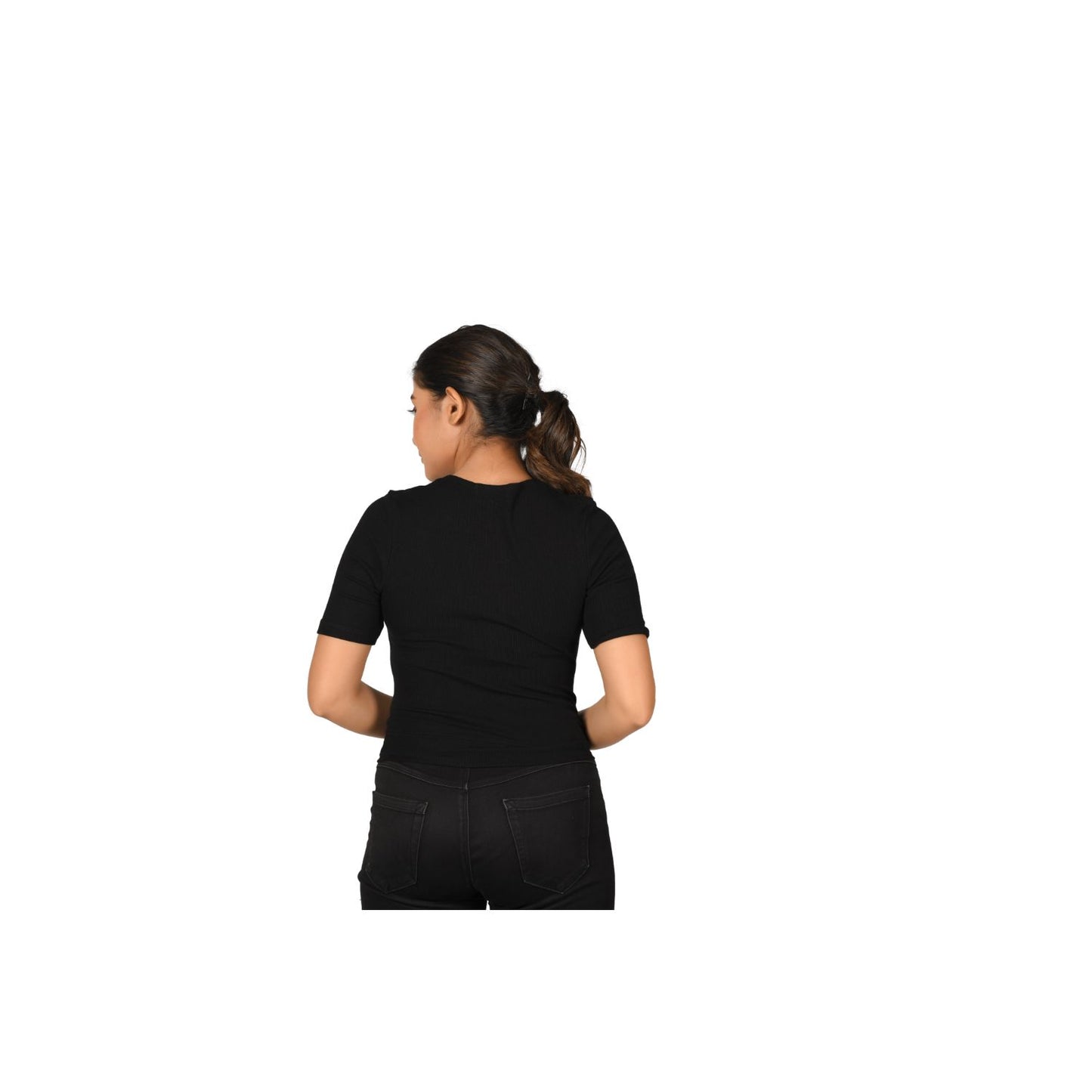 Hosiery Blouse- Regular Deep Round Neck - Black - Blouse featured