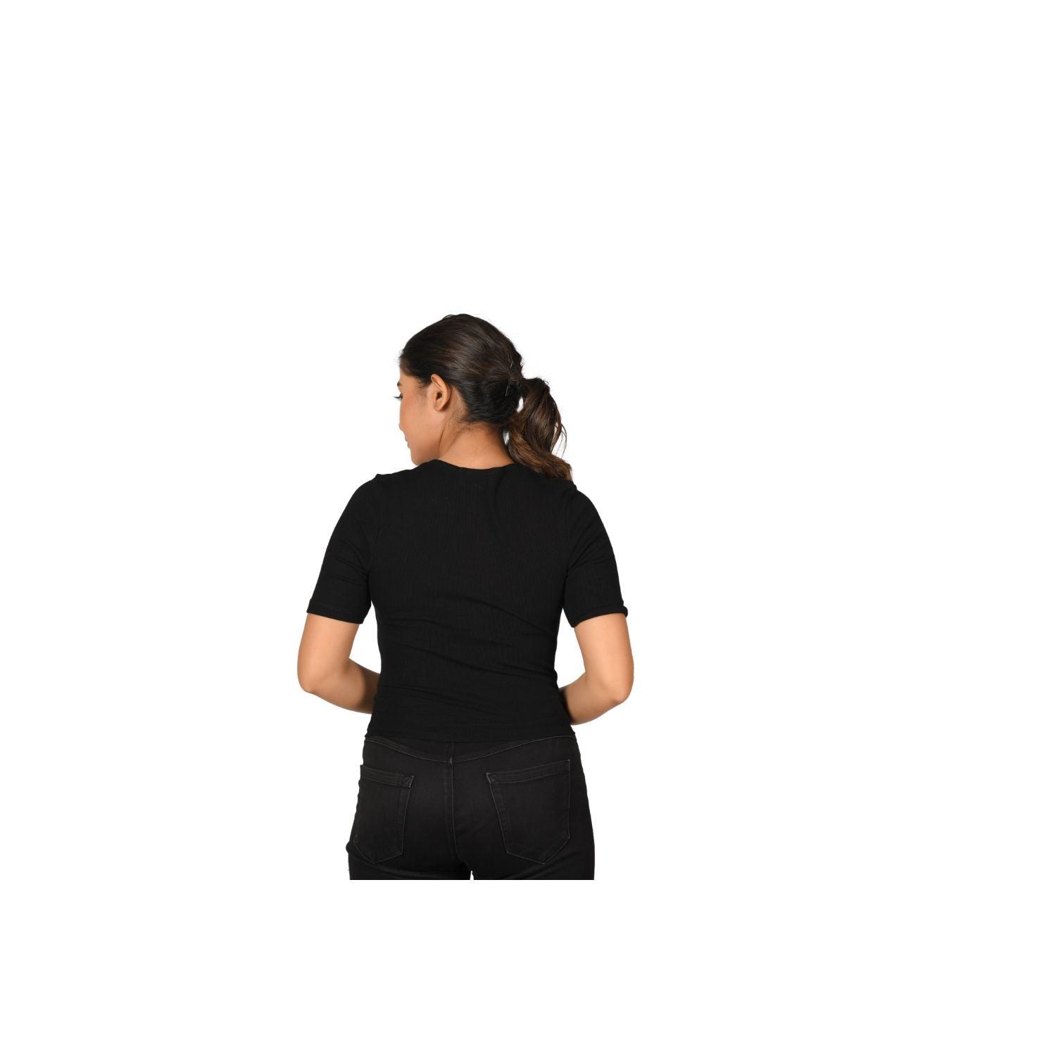 Hosiery Blouse- Regular Deep Round Neck - Black - Blouse featured