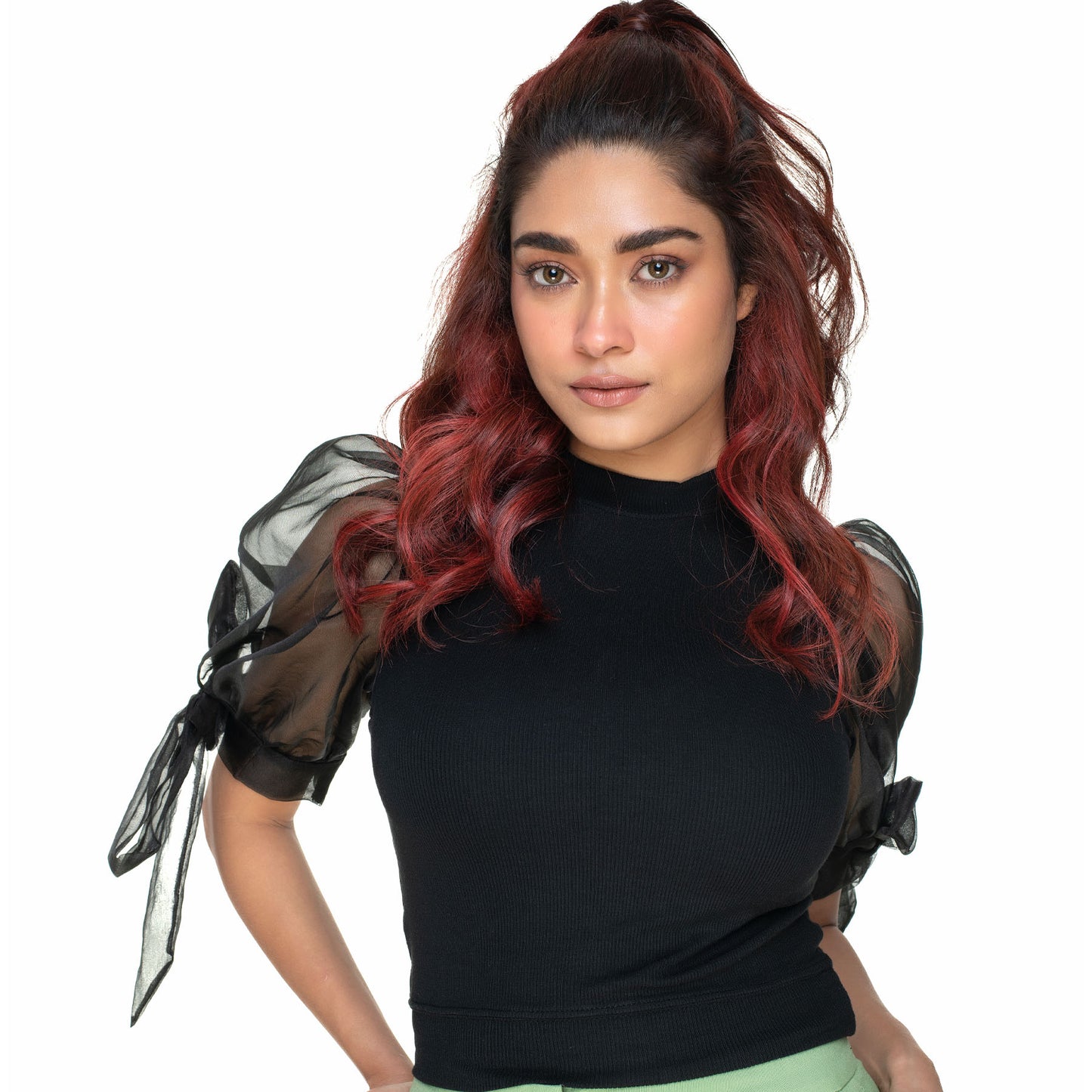 Hosiery Blouses- Bow Tie Up Sleeves - Black - Blouse featured