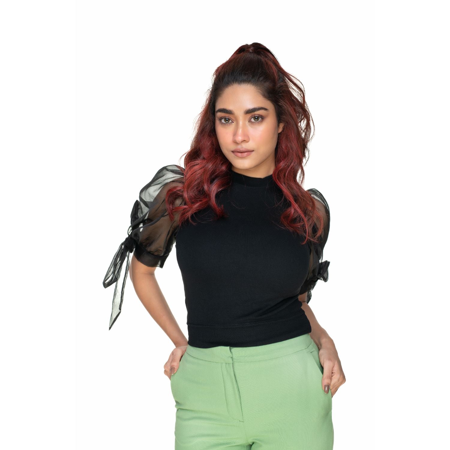 Hosiery Blouses- Bow Tie Up Sleeves - Black - Blouse featured