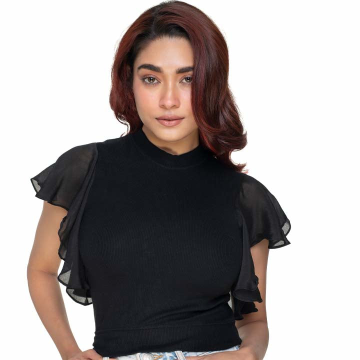 Hosiery Blouses- Flutter Sleeves - Black - Blouse featured