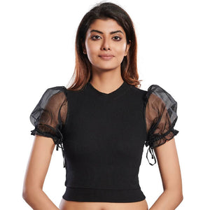 Hosiery Blouses with Puffy Organza Sleeves - Black - Blouse featured