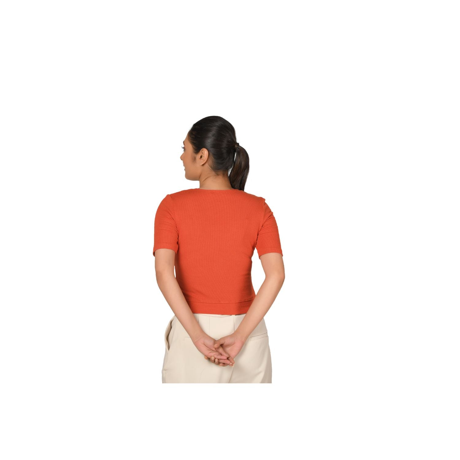 Hosiery Blouse- Regular Deep Round Neck - Brick Red - Blouse featured