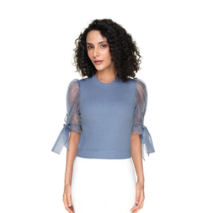 Hosiery Blouses- Bow Tie Up Sleeves - Brilliant Blue - Blouse featured