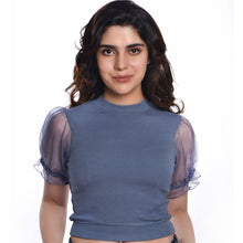 Load image into Gallery viewer, Hosiery Blouses with Puffy Organza Sleeves - Brilliant Blue - Blouse featured