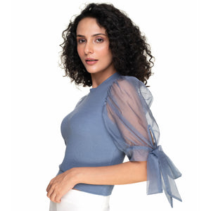 Hosiery Blouses- Bow Tie Up Sleeves - Brilliant Blue - Blouse featured
