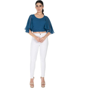Hosiery Deep Neck Blouses - Butterfly Sleeves - Plus Size - Azure Blue - Blouse featured