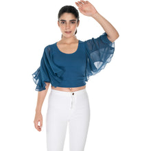 Load image into Gallery viewer, Hosiery Deep Neck Blouses - Butterfly Sleeves - Regular Size - Azure Blue - Blouse featured