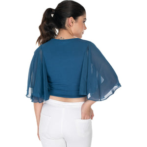 Hosiery Deep Neck Blouses - Butterfly Sleeves - Regular Size - Azure Blue - Blouse featured