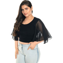 Load image into Gallery viewer, Hosiery Deep Neck Blouses - Butterfly Sleeves - Plus Size - Black - Blouse featured