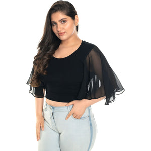 Hosiery Deep Neck Blouses - Butterfly Sleeves - Plus Size - Black - Blouse featured