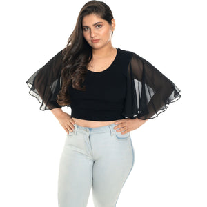 Hosiery Deep Neck Blouses - Butterfly Sleeves - Regular Size - Black - Blouse featured